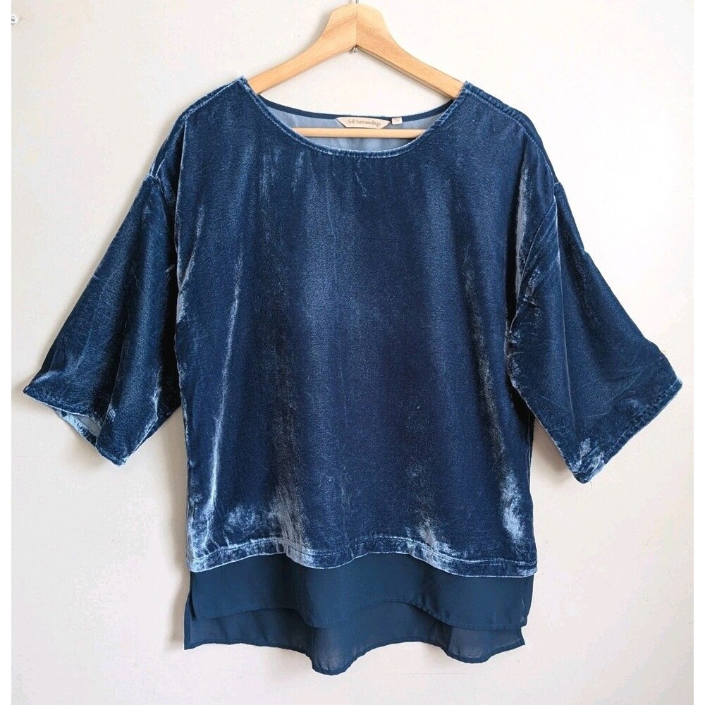 Soft Surroundings Gisella Velvet Tunic Top Short Sleeve Layered Hem Sea Blue M